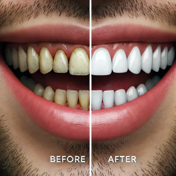 DALL·E 2025 03 15 23.20.27 A before and after transformation of a persons smile. The left side shows stained misaligned teeth while the right side showcases a perfect white  580x580