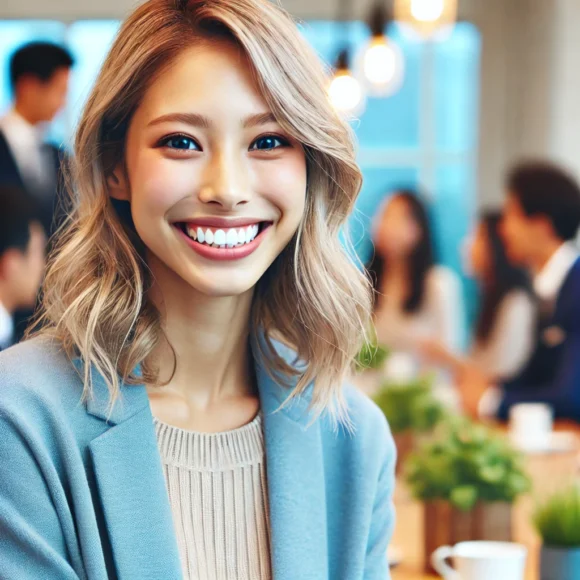 DALL·E 2025 03 15 23.20.34 A lifestyle image featuring a smiling person with perfect white teeth confidently engaging in a social setting like an office wedding or party 580x580